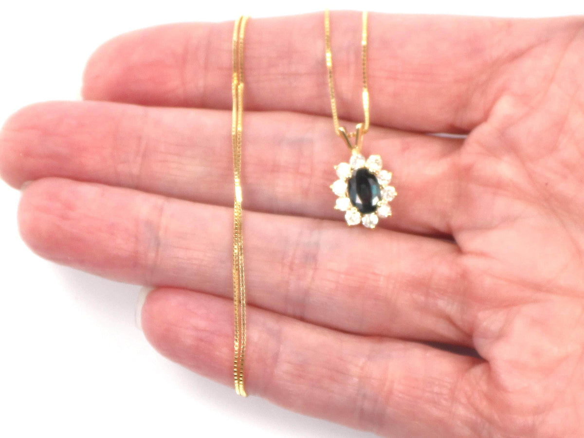 Vintage 14kYellow Gold Sapphire Diamond Halo Pendant Necklace 16"-BelmarJewelers