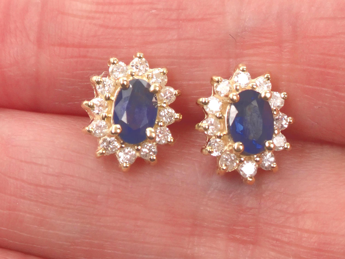 Vintage 14k Yellow Gold Natural Blue Sapphire and Diamond Halo Stud Earrings-BelmarJewelers