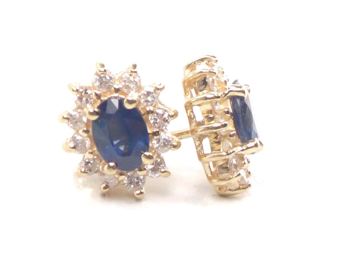 Vintage 14k Yellow Gold Natural Blue Sapphire and Diamond Halo Stud Earrings-BelmarJewelers