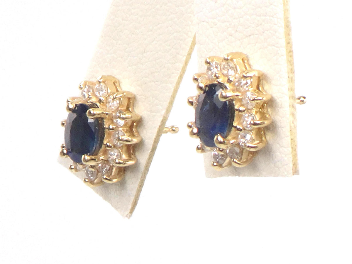 Vintage 14k Yellow Gold Natural Blue Sapphire and Diamond Halo Stud Earrings-BelmarJewelers