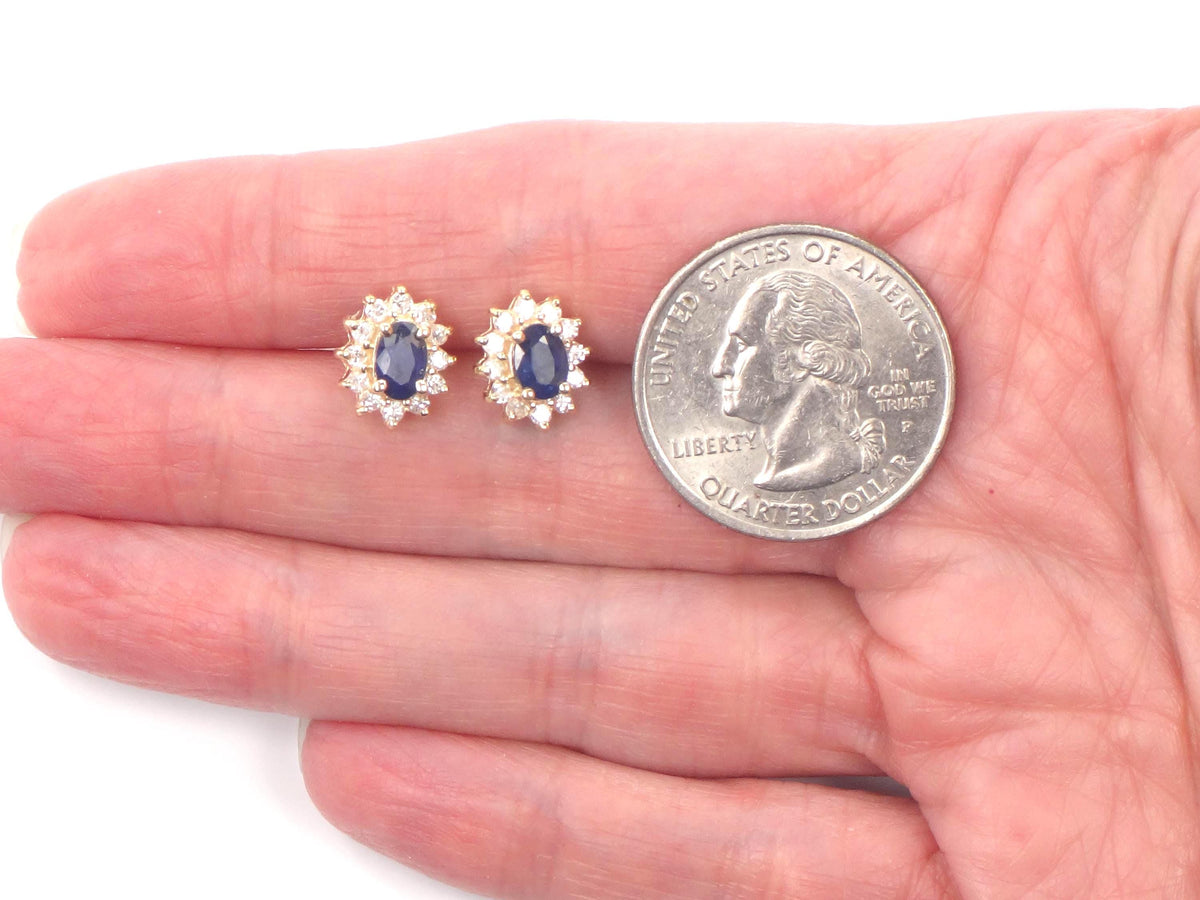 Vintage 14k Yellow Gold Natural Blue Sapphire and Diamond Halo Stud Earrings-BelmarJewelers