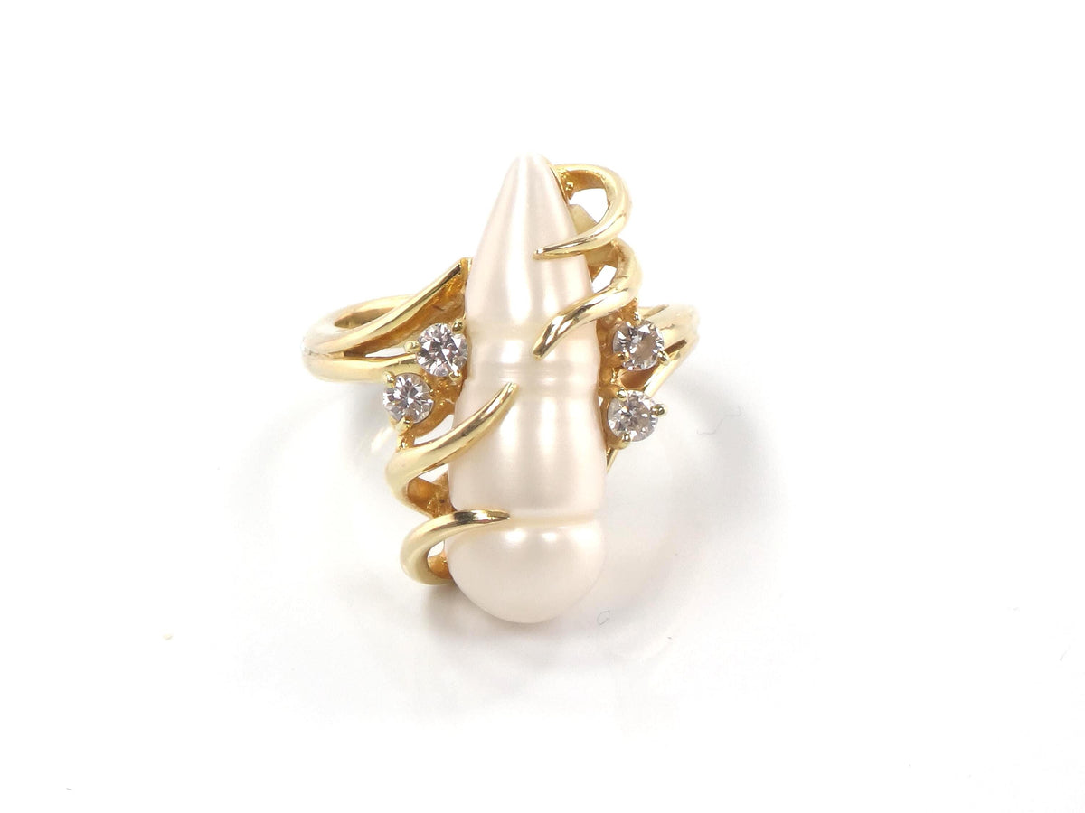 Vintage 18k Yellow Gold Baroque Pearl Diamond Ring, Size 6-BelmarJewelers