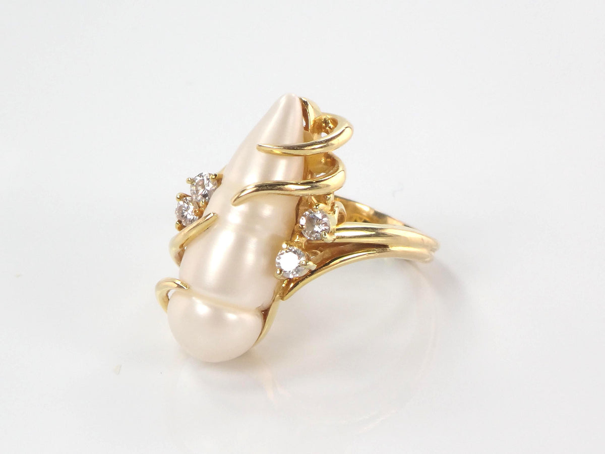 Vintage 18k Yellow Gold Baroque Pearl Diamond Ring, Size 6-BelmarJewelers