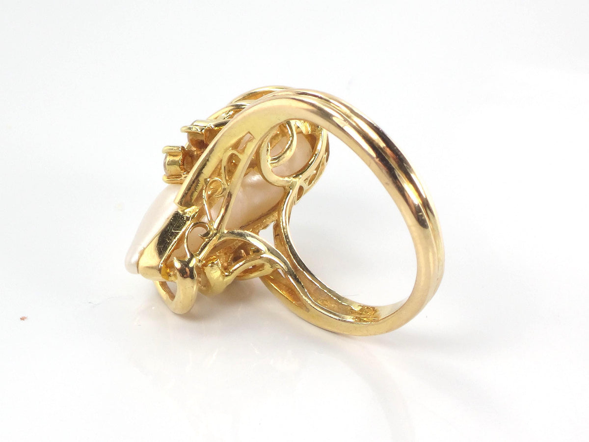 Vintage 18k Yellow Gold Baroque Pearl Diamond Ring, Size 6-BelmarJewelers
