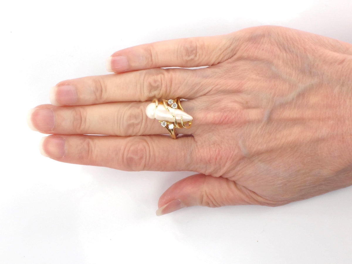 Vintage 18k Yellow Gold Baroque Pearl Diamond Ring, Size 6-BelmarJewelers