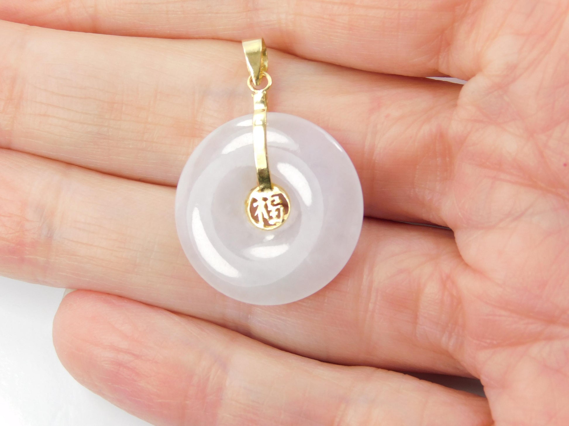 Vintage 14k Lavender Jade Disc Pendant, Good Luck Charm-BelmarJewelers