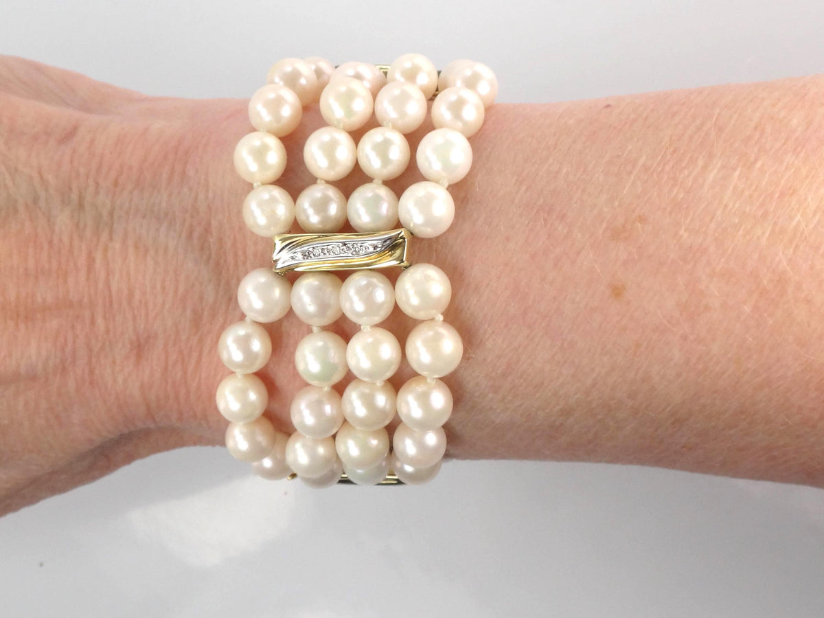 Vintage 14k Gold Pearl and Diamond Bracelet: Multi-Strand, Mid-Century Bridal Jewelry, 6 7/8"-BelmarJewelers