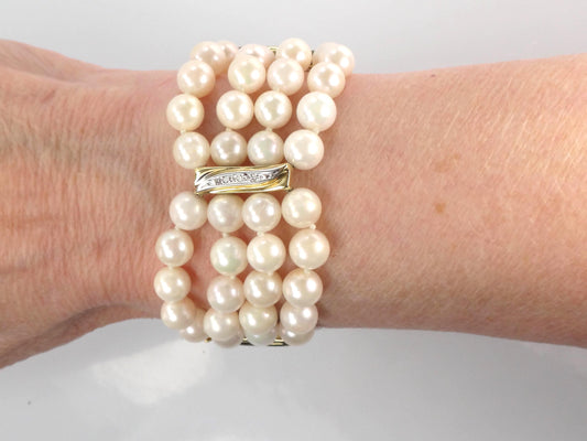 Vintage 14k Gold Pearl and Diamond Bracelet: Multi-Strand, Mid-Century Bridal Jewelry, 6 7/8"-BelmarJewelers
