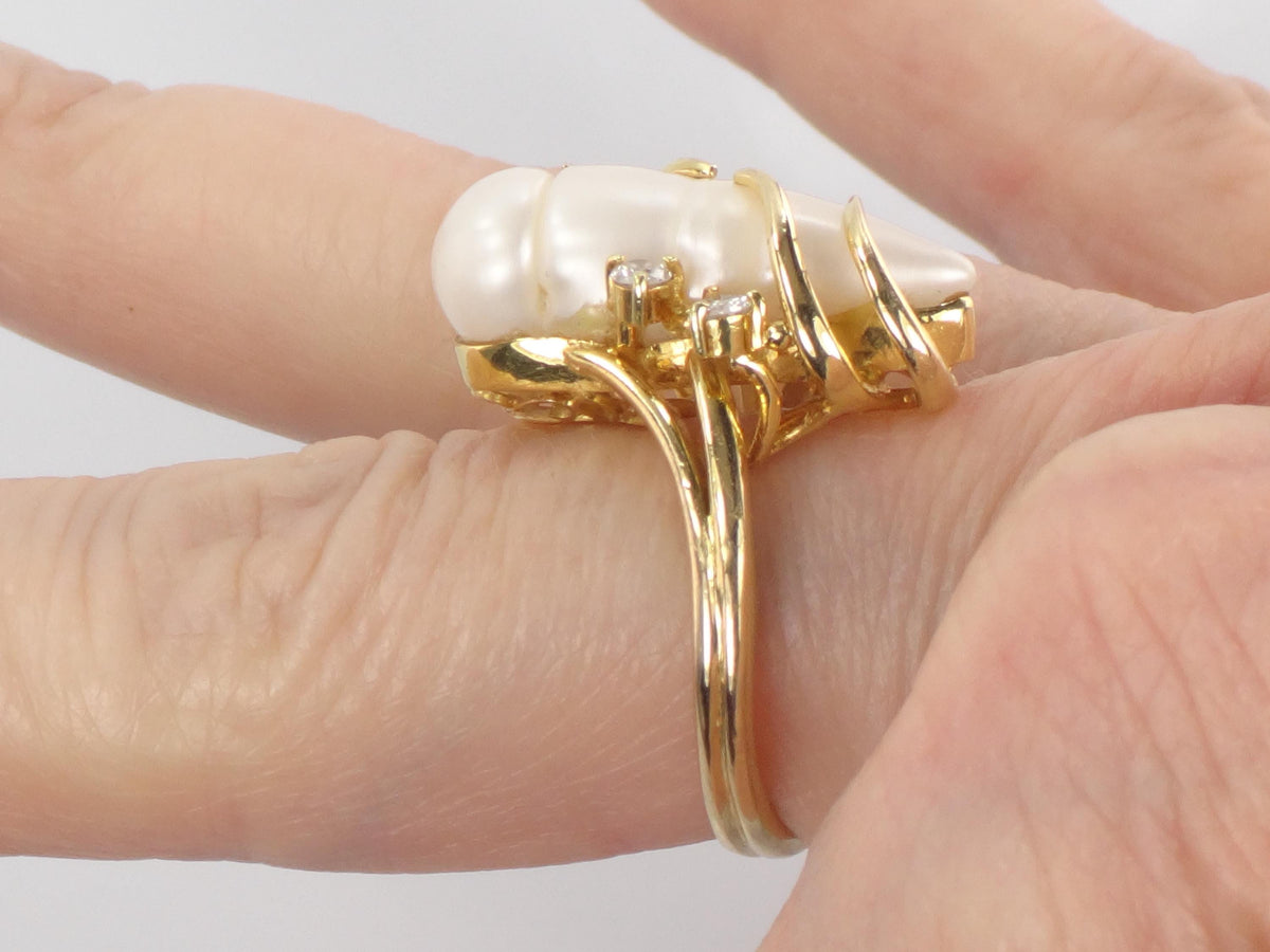 Vintage 18k Yellow Gold Baroque Pearl Diamond Ring, Size 6-BelmarJewelers