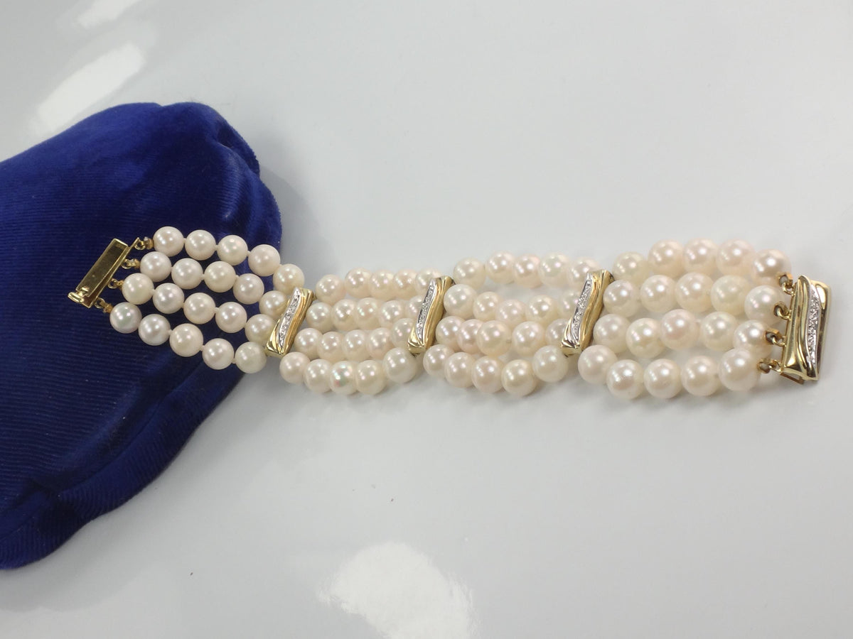 Vintage 14k Gold Pearl and Diamond Bracelet: Multi-Strand, Mid-Century Bridal Jewelry, 6 7/8"-BelmarJewelers