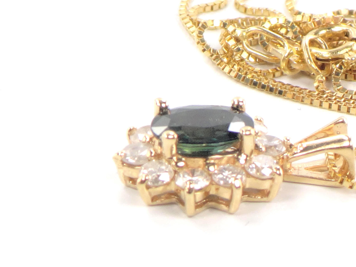 Vintage 14kYellow Gold Sapphire Diamond Halo Pendant Necklace 16"-BelmarJewelers