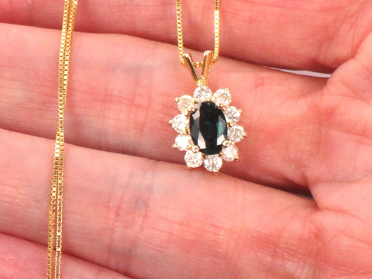 Vintage 14kYellow Gold Sapphire Diamond Halo Pendant Necklace 16"-BelmarJewelers