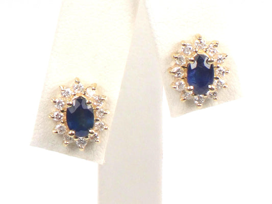 Vintage 14k Yellow Gold Natural Blue Sapphire and Diamond Halo Stud Earrings-BelmarJewelers