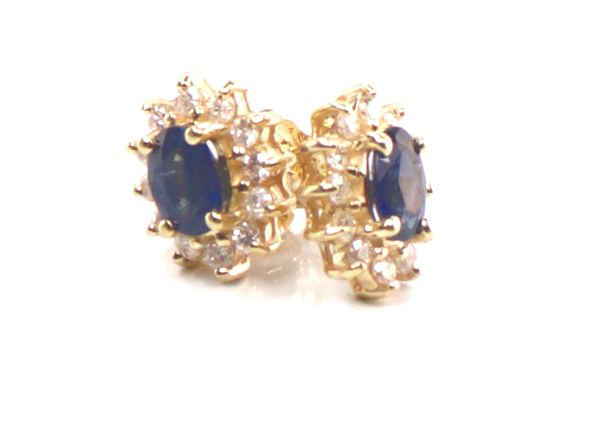 Vintage 14k Yellow Gold Natural Blue Sapphire and Diamond Halo Stud Earrings-BelmarJewelers