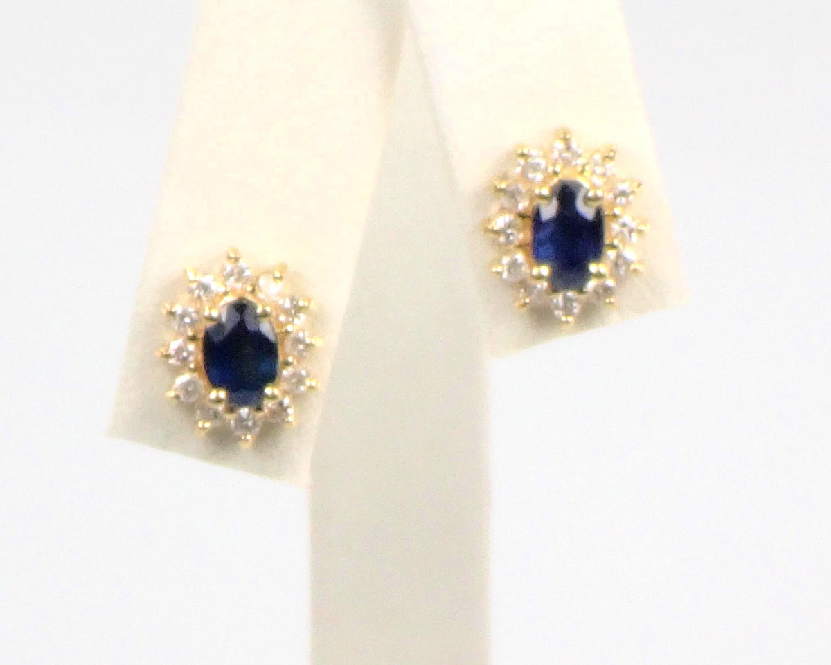 Vintage 14k Yellow Gold Natural Blue Sapphire and Diamond Halo Stud Earrings-BelmarJewelers