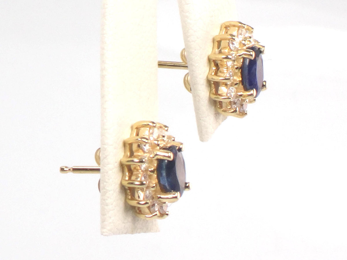 Vintage 14k Yellow Gold Natural Blue Sapphire and Diamond Halo Stud Earrings-BelmarJewelers