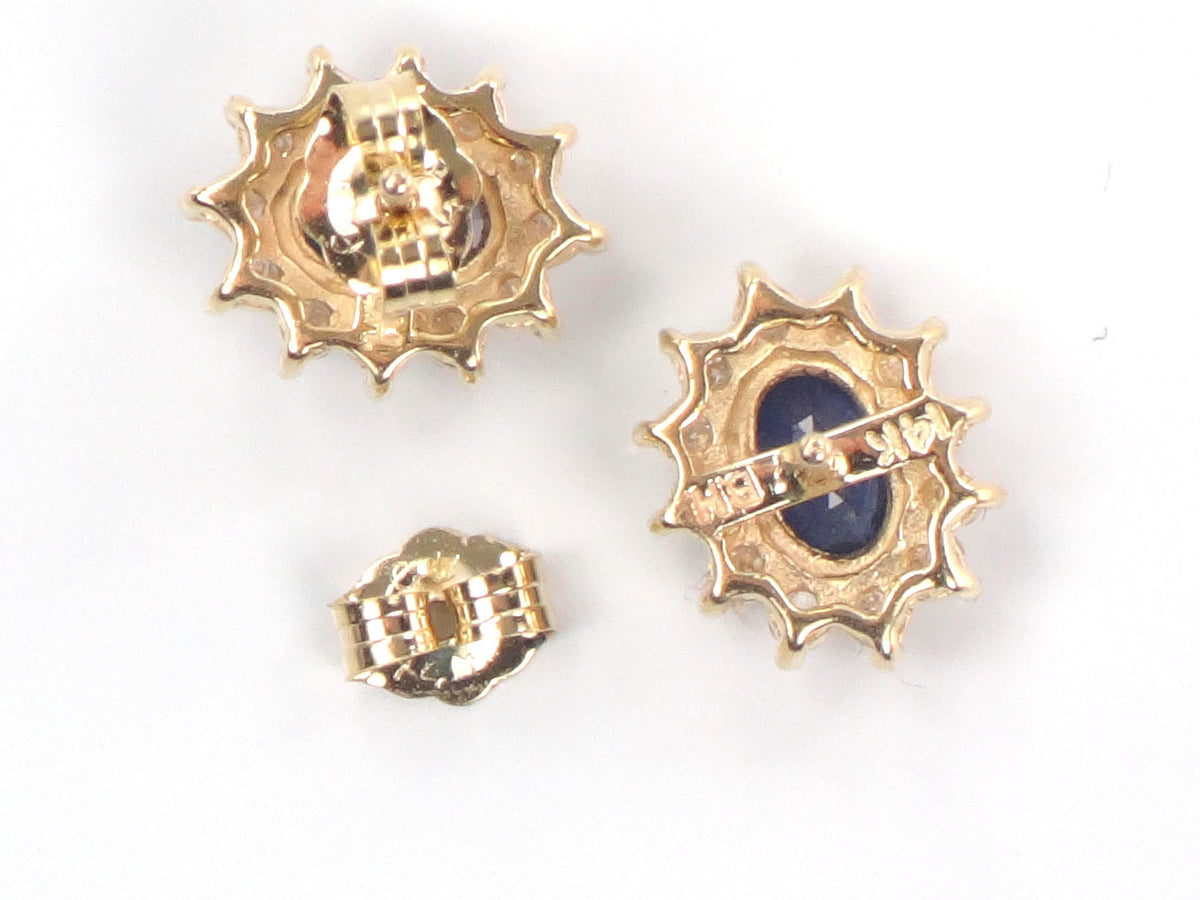 Vintage 14k Yellow Gold Natural Blue Sapphire and Diamond Halo Stud Earrings-BelmarJewelers
