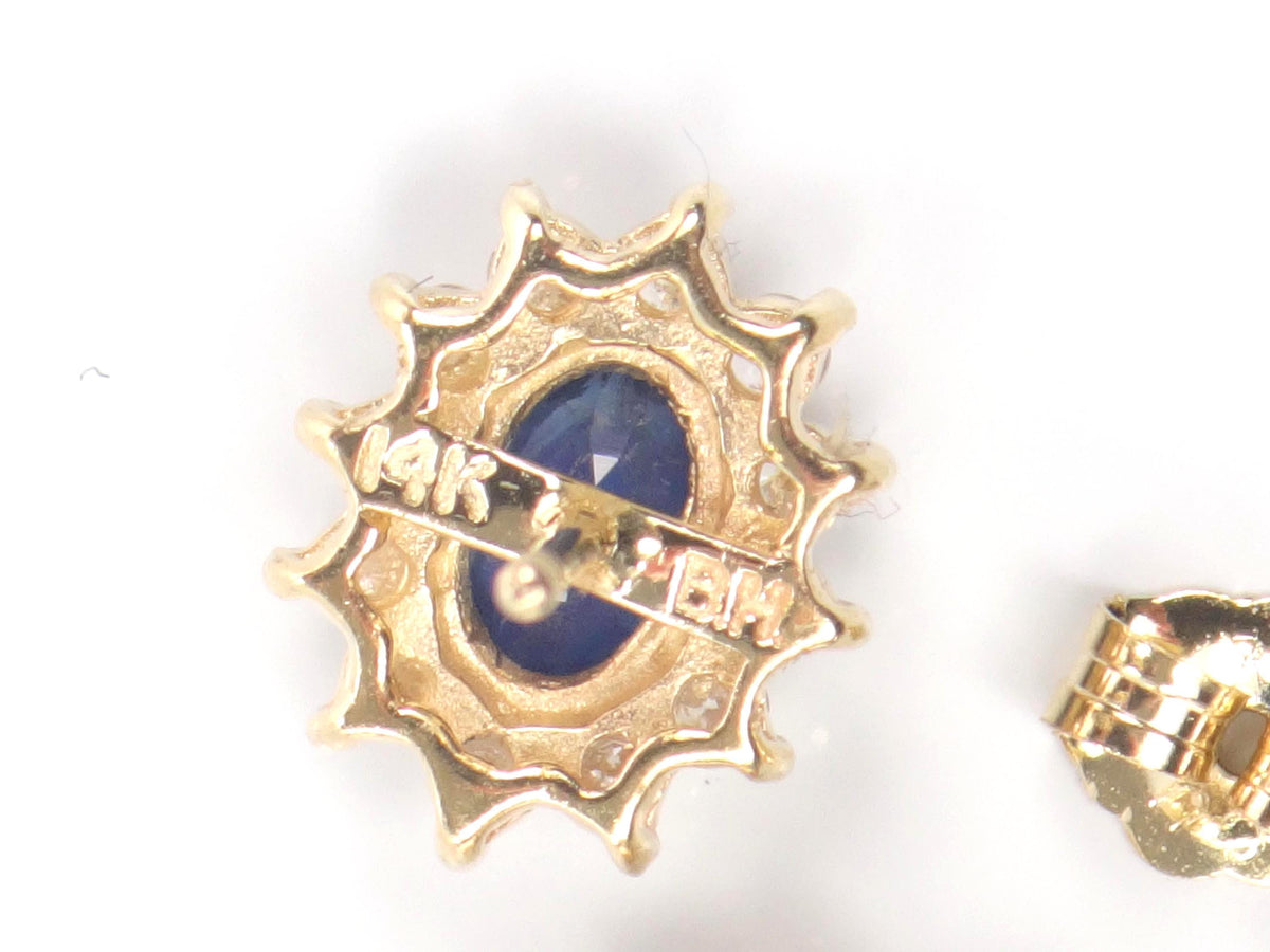 Vintage 14k Yellow Gold Natural Blue Sapphire and Diamond Halo Stud Earrings-BelmarJewelers