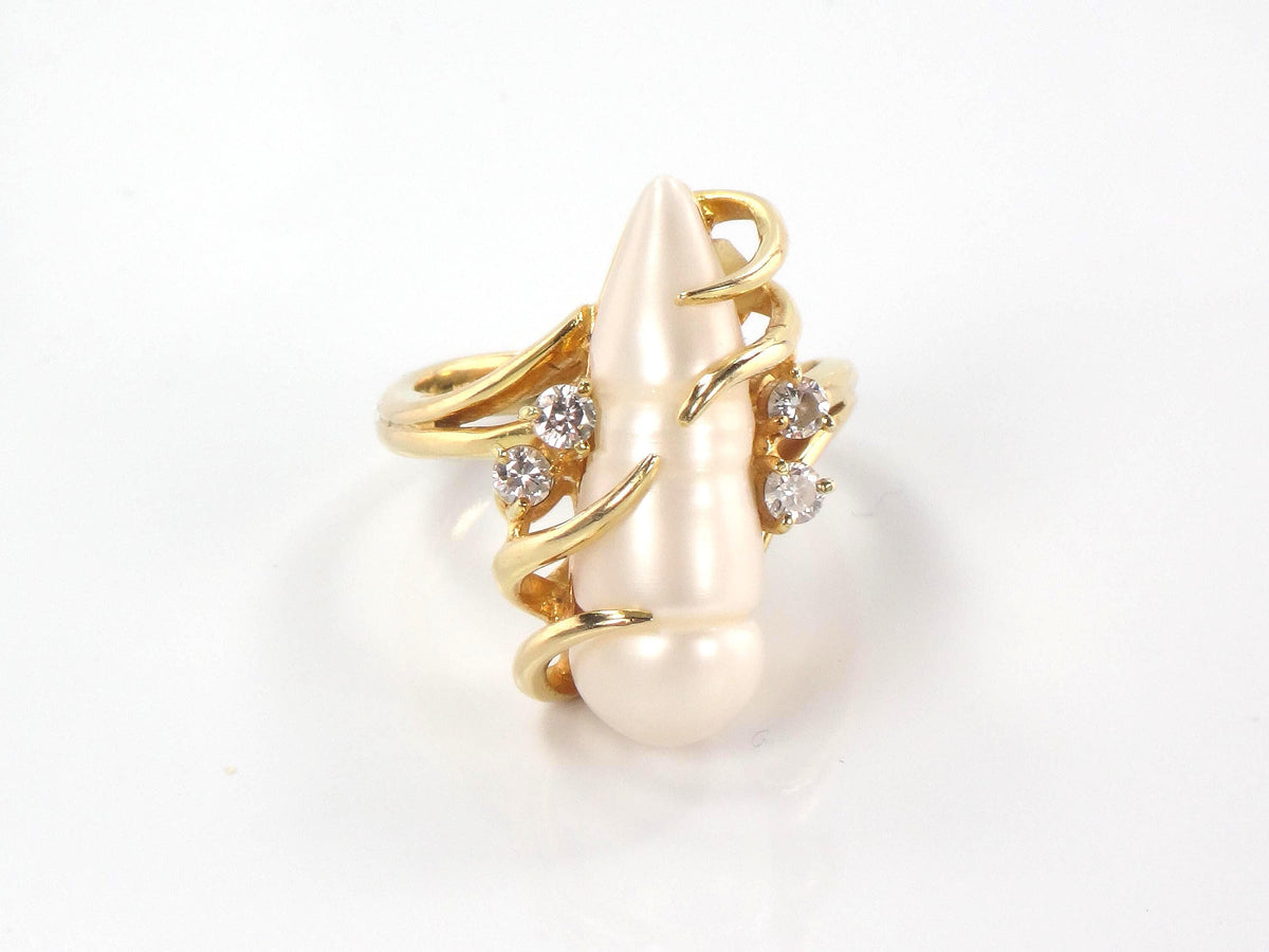 Vintage 18k Yellow Gold Baroque Pearl Diamond Ring, Size 6-BelmarJewelers