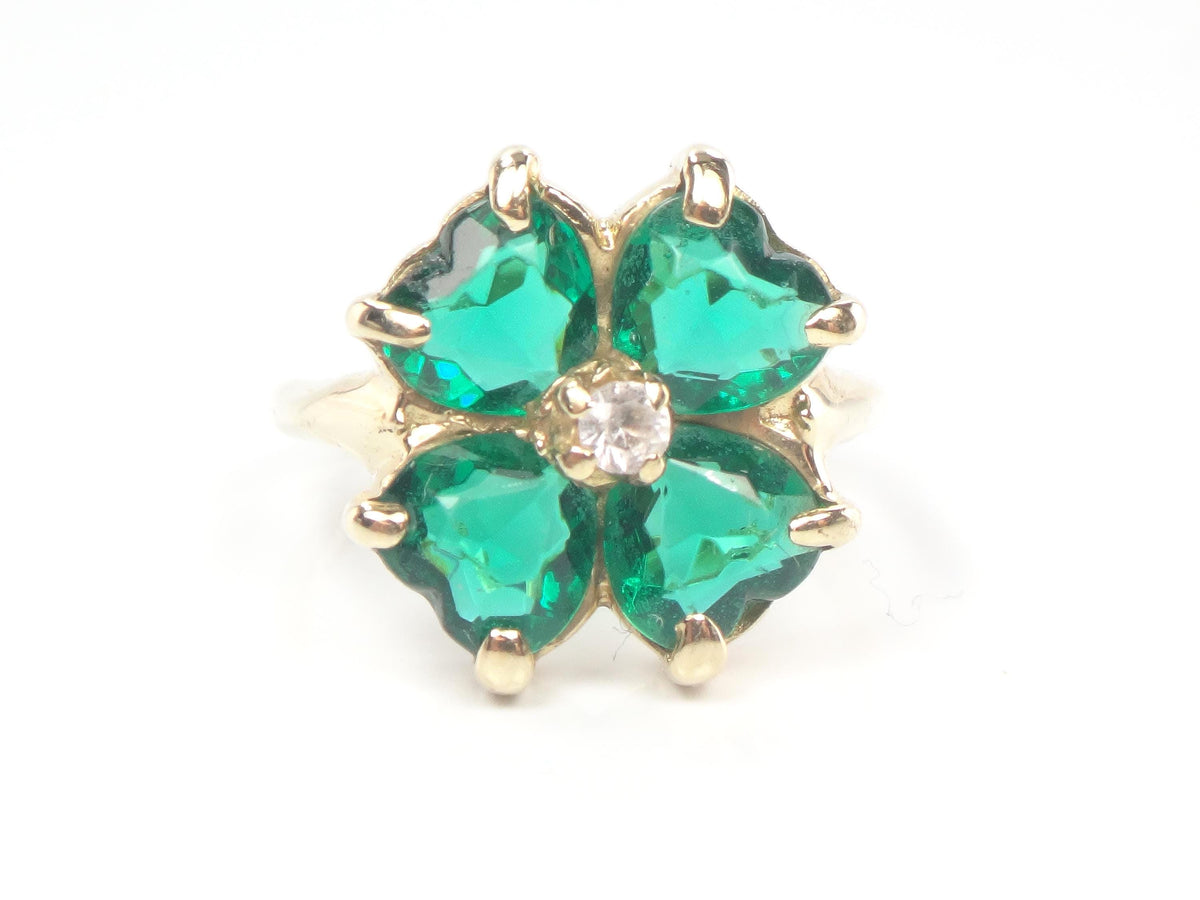 Vintage 14k Yellow Gold Green Glass & White Spinel Clover Ring, Size 5-BelmarJewelers