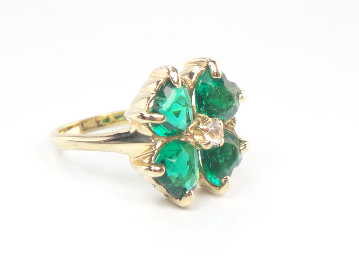 Vintage 14k Yellow Gold Green Glass & White Spinel Clover Ring, Size 5-BelmarJewelers
