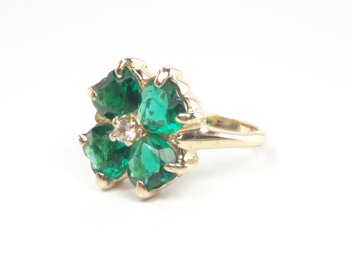 Vintage 14k Yellow Gold Green Glass & White Spinel Clover Ring, Size 5-BelmarJewelers