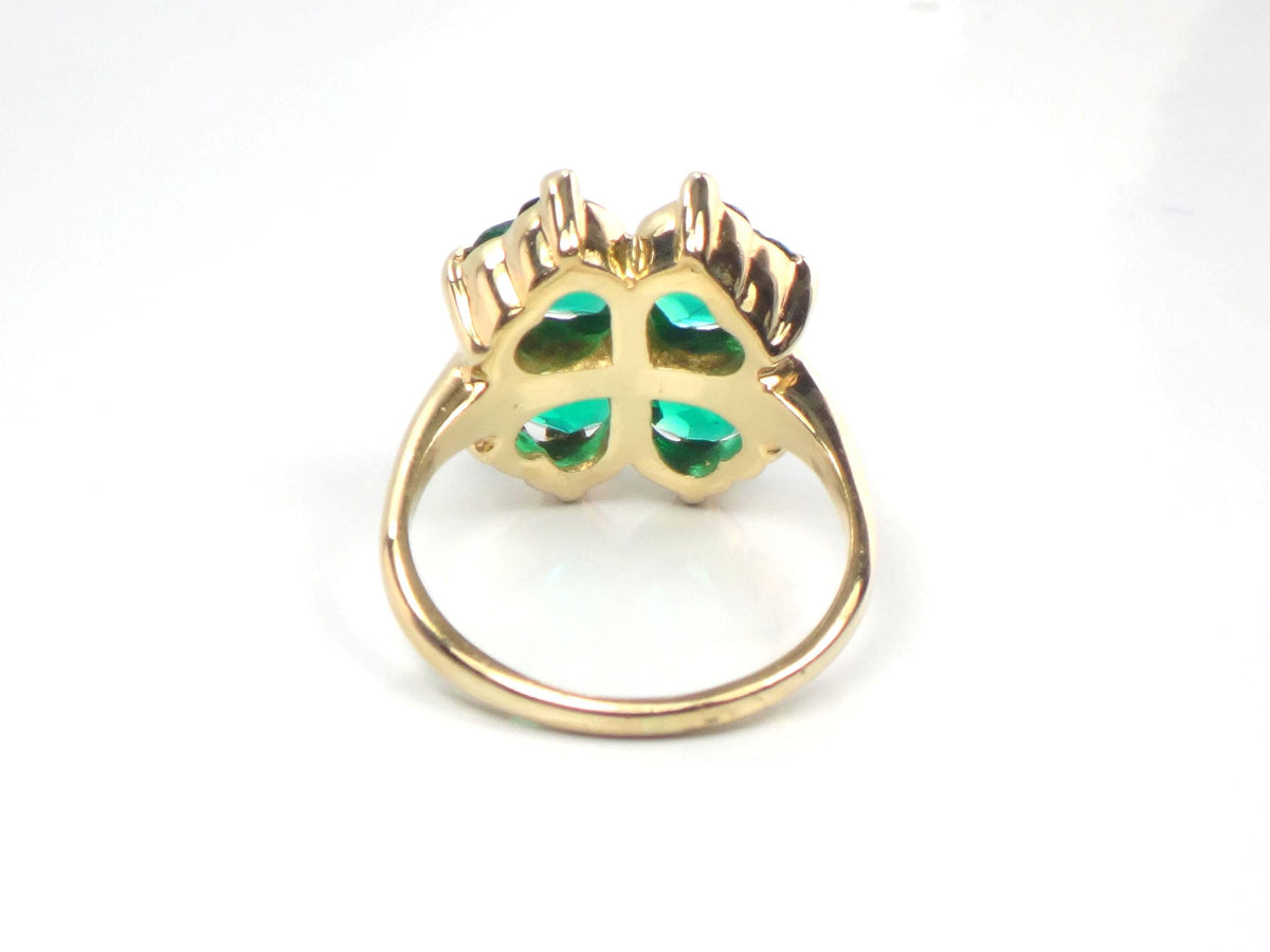 Vintage 14k Yellow Gold Green Glass & White Spinel Clover Ring, Size 5-BelmarJewelers