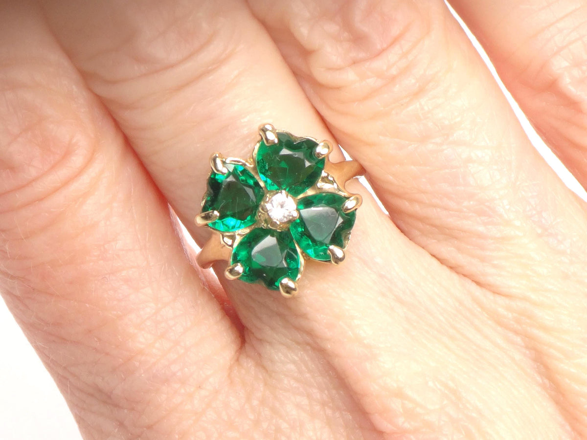 Vintage 14k Yellow Gold Green Glass & White Spinel Clover Ring, Size 5-BelmarJewelers