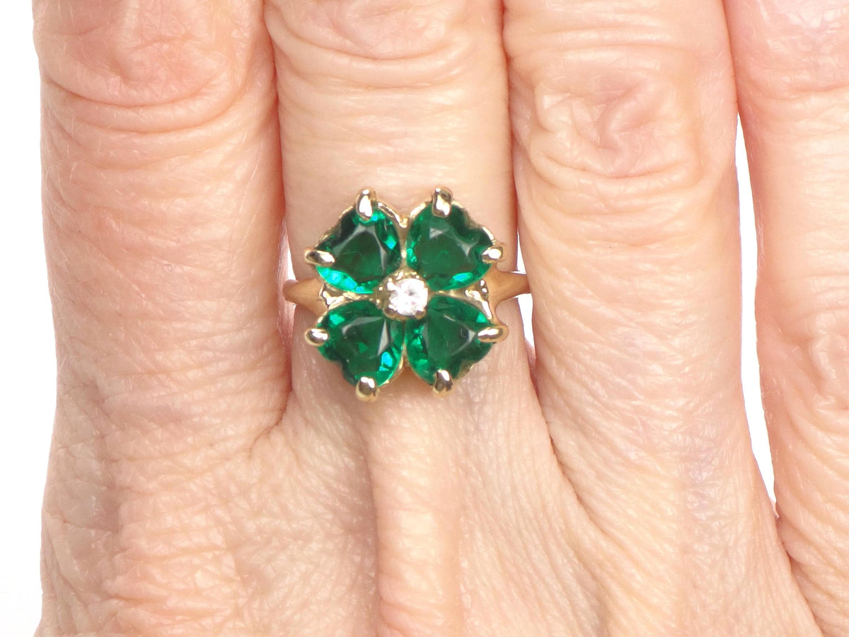 Vintage 14k Yellow Gold Green Glass & White Spinel Clover Ring, Size 5-BelmarJewelers