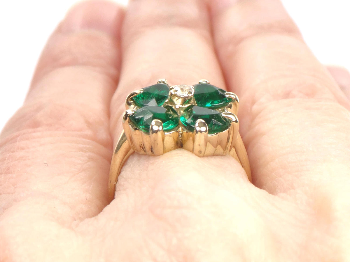 Vintage 14k Yellow Gold Green Glass & White Spinel Clover Ring, Size 5-BelmarJewelers