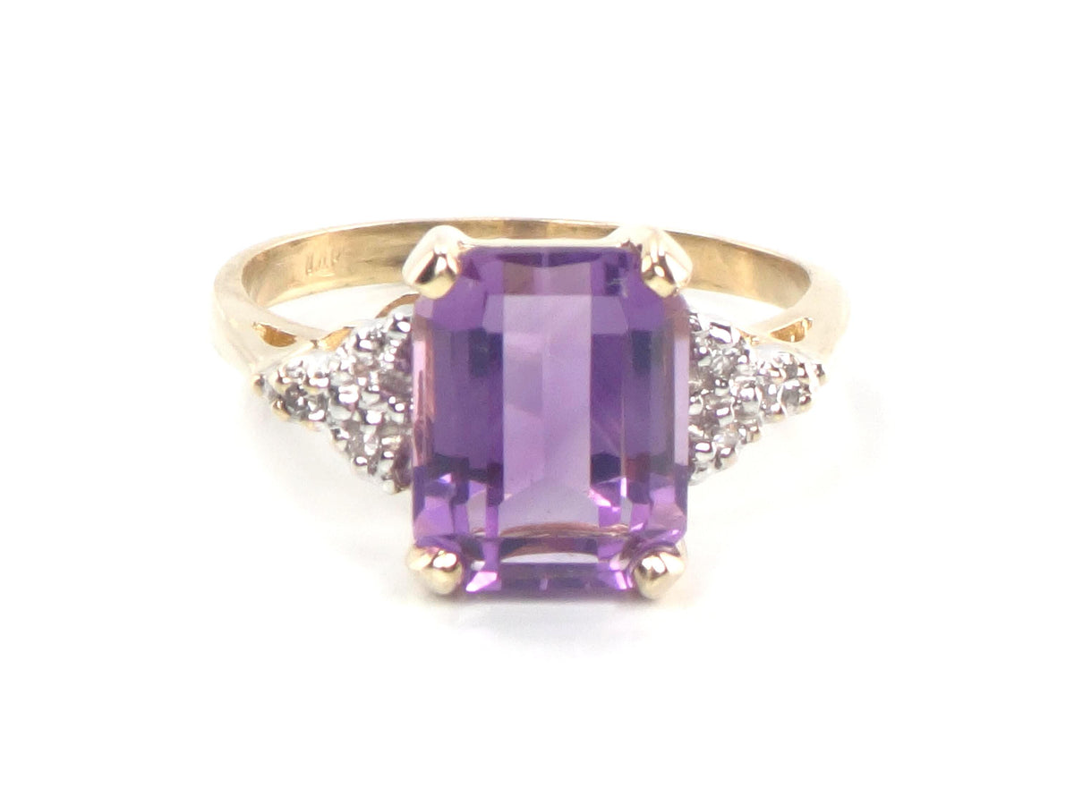 Vintage 14k Gold Rectangle Cut Amethyst and Diamond Ring, Size 7-BelmarJewelers