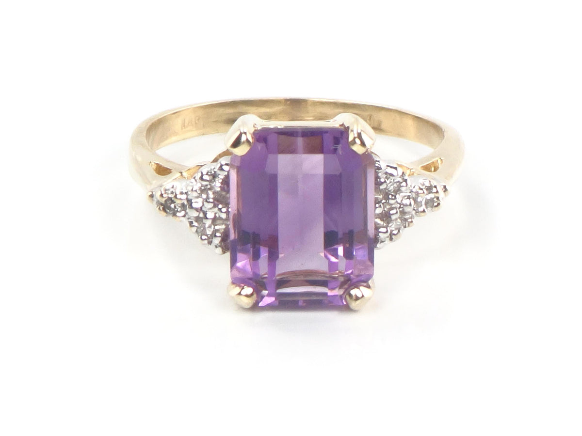 Vintage 14k Gold Rectangle Cut Amethyst and Diamond Ring, Size 7-BelmarJewelers