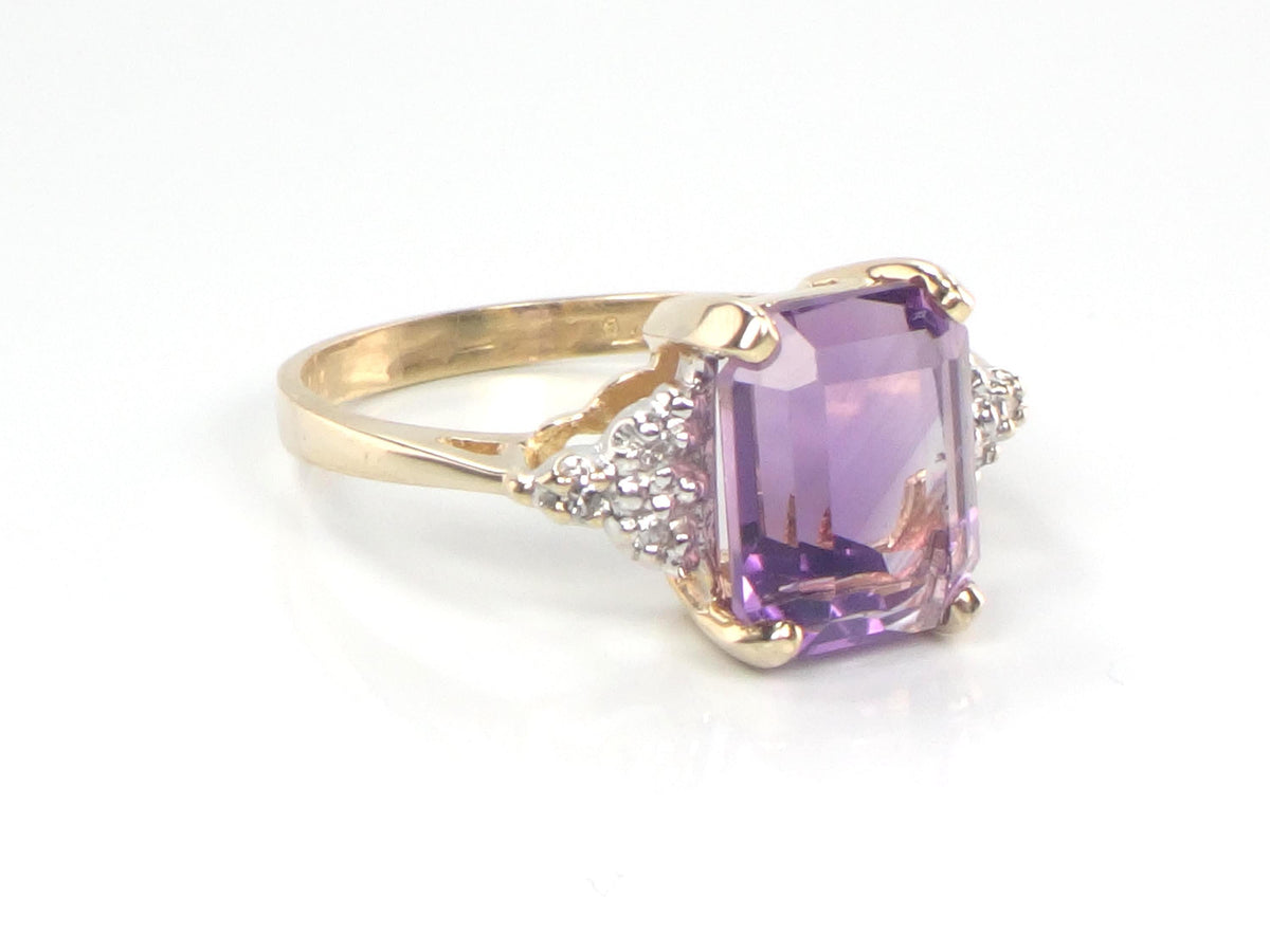 Vintage 14k Gold Rectangle Cut Amethyst and Diamond Ring, Size 7-BelmarJewelers