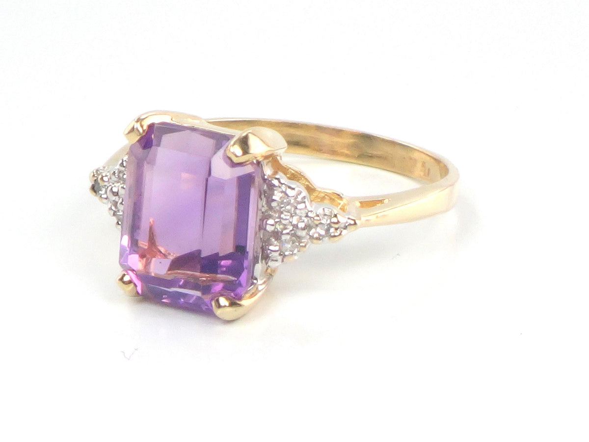 Vintage 14k Gold Rectangle Cut Amethyst and Diamond Ring, Size 7-BelmarJewelers