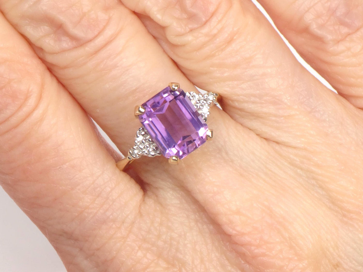 Vintage 14k Gold Rectangle Cut Amethyst and Diamond Ring, Size 7-BelmarJewelers