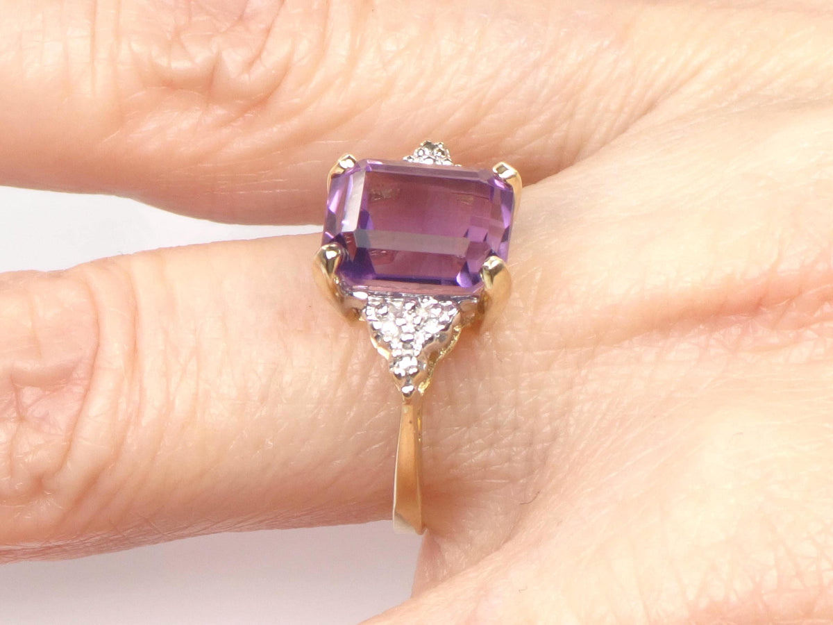 Vintage 14k Gold Rectangle Cut Amethyst and Diamond Ring, Size 7-BelmarJewelers