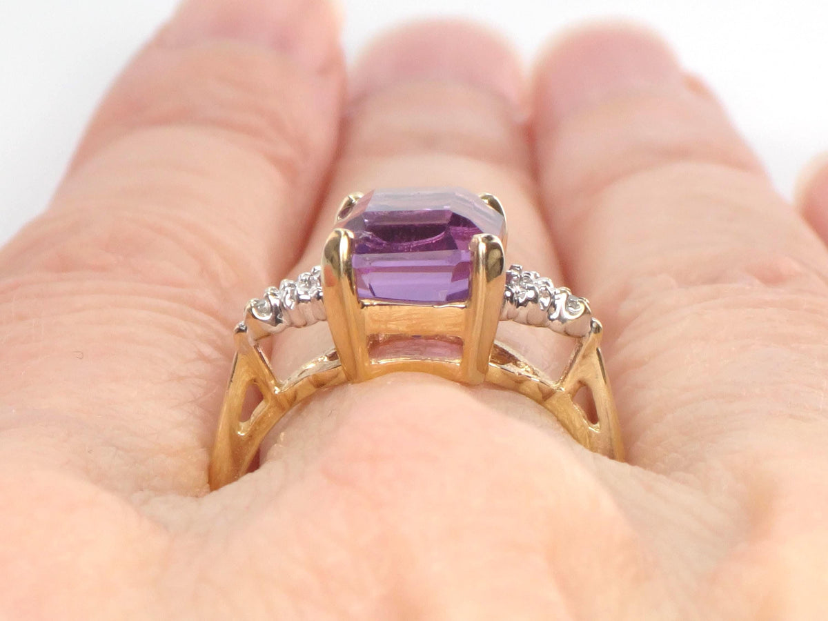 Vintage 14k Gold Rectangle Cut Amethyst and Diamond Ring, Size 7-BelmarJewelers