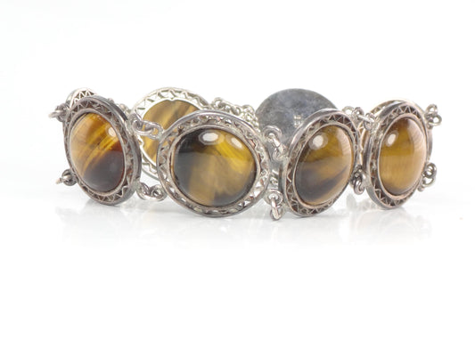 Vintage Mid-Century Sterling Silver Tiger Eye Bracelet, 6.5"-BelmarJewelers