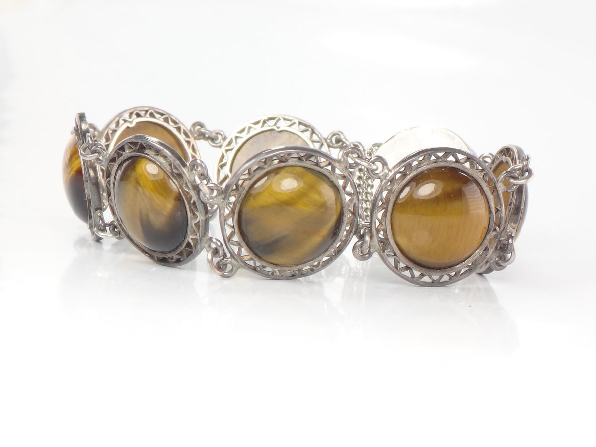 Vintage Mid-Century Sterling Silver Tiger Eye Bracelet, 6.5"-BelmarJewelers