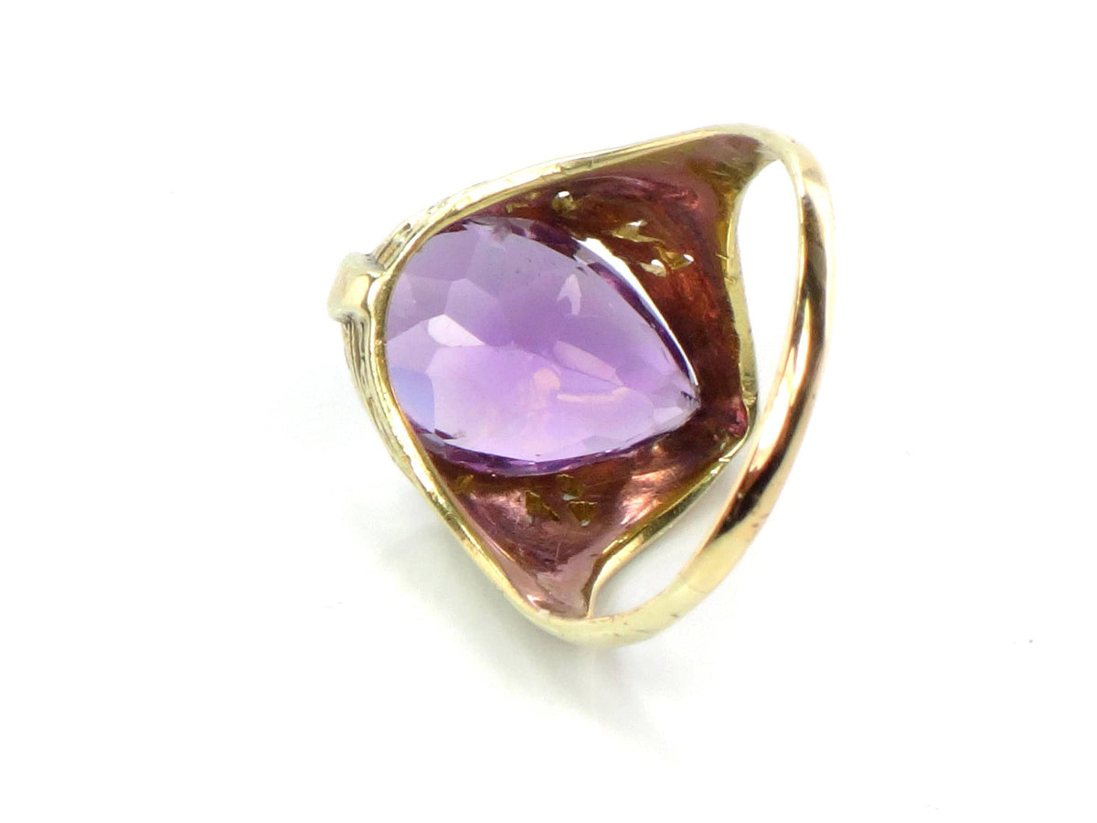 Vintage Art Nouveau 14k Yellow Gold Pear Cut Amethyst Ring, Size 8-BelmarJewelers