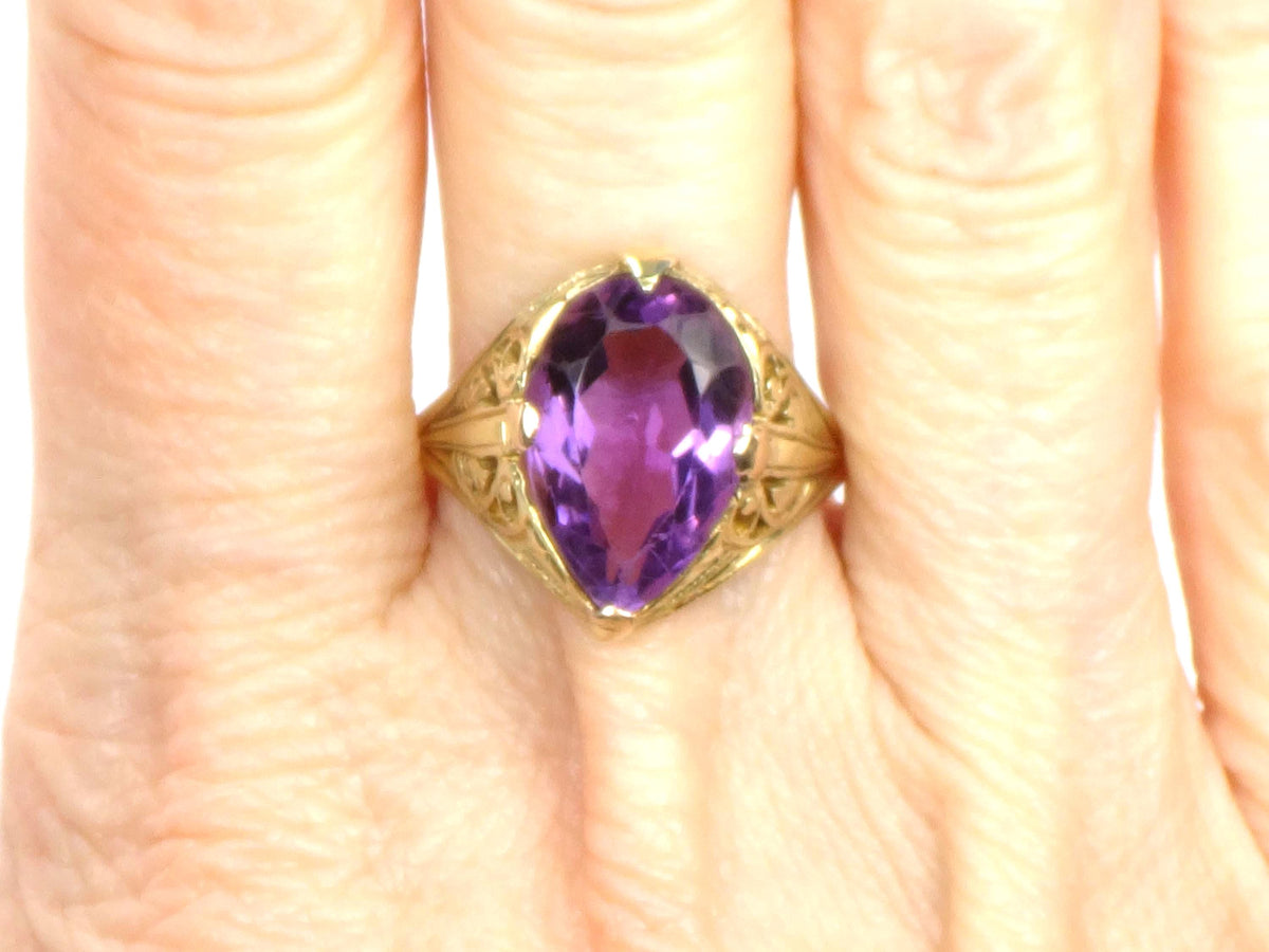 Vintage Art Nouveau 14k Yellow Gold Pear Cut Amethyst Ring, Size 8-BelmarJewelers