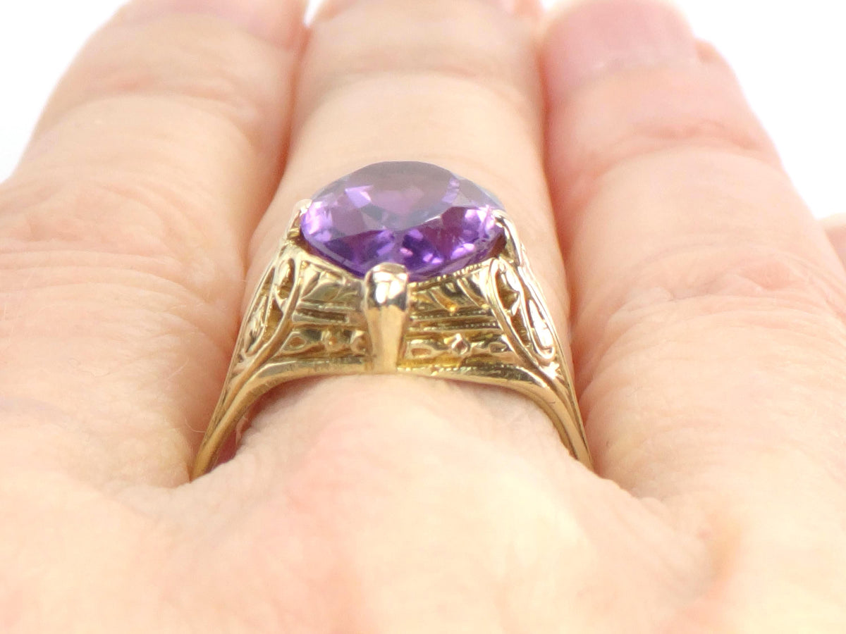 Vintage Art Nouveau 14k Yellow Gold Pear Cut Amethyst Ring, Size 8-BelmarJewelers