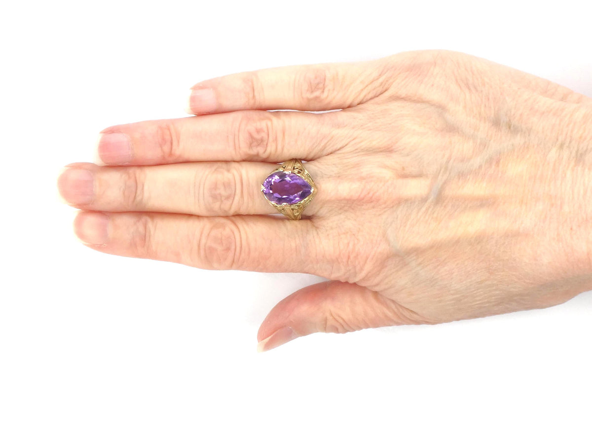 Vintage Art Nouveau 14k Yellow Gold Pear Cut Amethyst Ring, Size 8-BelmarJewelers