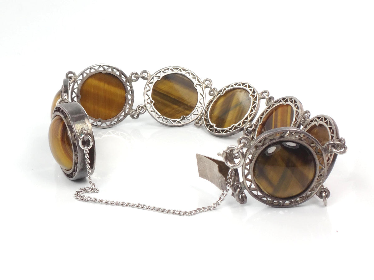 Vintage Mid-Century Sterling Silver Tiger Eye Bracelet, 6.5"-BelmarJewelers