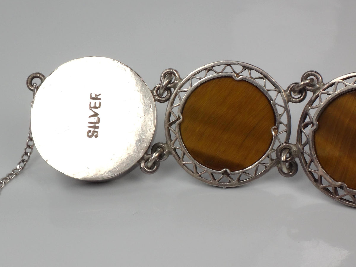 Vintage Mid-Century Sterling Silver Tiger Eye Bracelet, 6.5"-BelmarJewelers