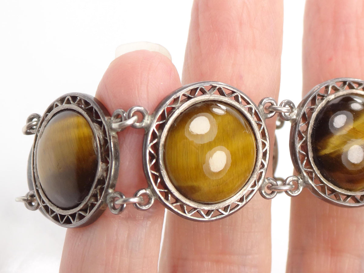 Vintage Mid-Century Sterling Silver Tiger Eye Bracelet, 6.5"-BelmarJewelers