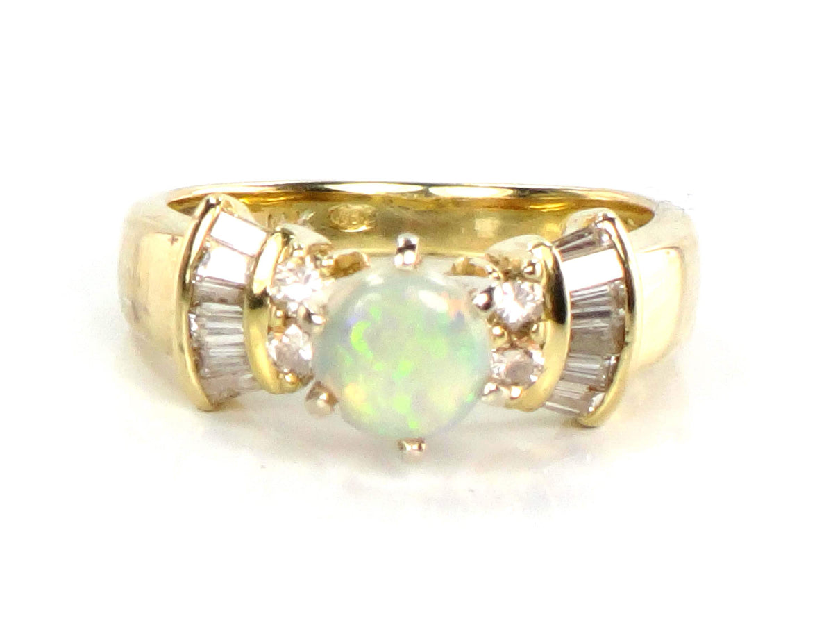 Vintage 14k Yellow Gold Opal and Diamond Engagement Ring, Circa 1980s, Size 6.25-BelmarJewelers