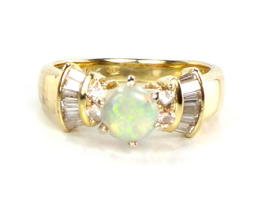 Vintage 14k Yellow Gold Opal and Diamond Engagement Ring, Circa 1980s, Size 6.25-BelmarJewelers