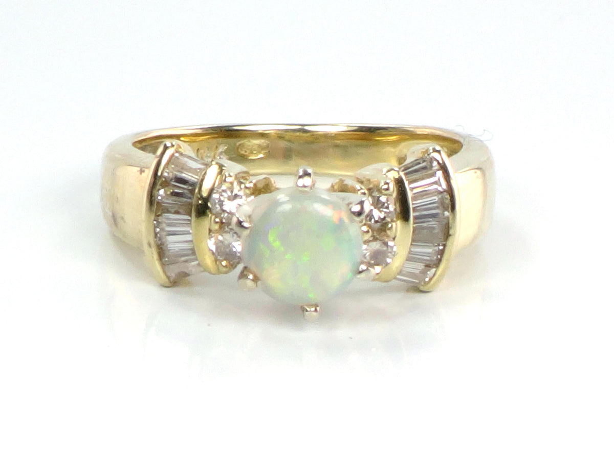 Vintage 14k Yellow Gold Opal and Diamond Engagement Ring, Circa 1980s, Size 6.25-BelmarJewelers