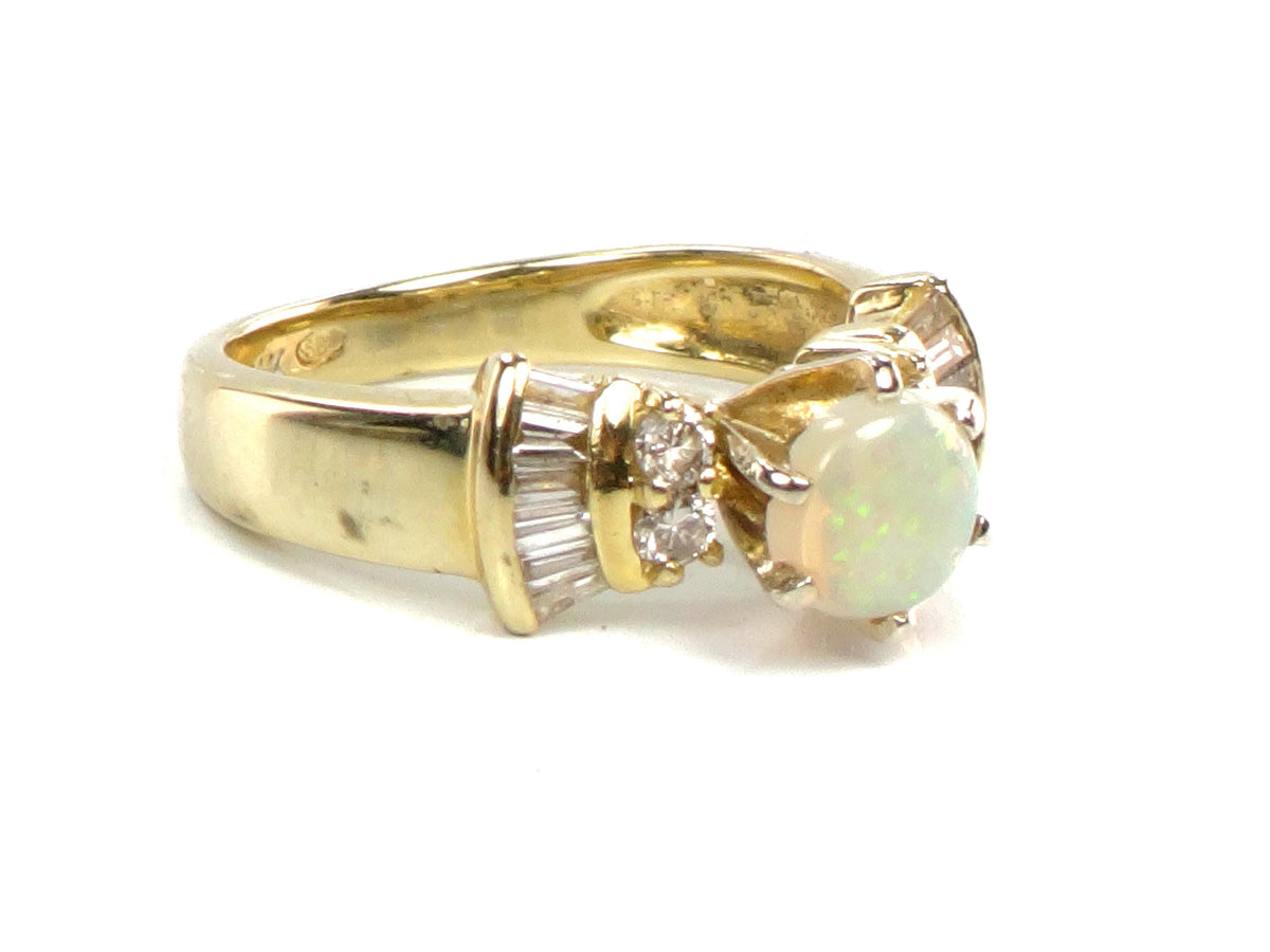 Vintage 14k Yellow Gold Opal and Diamond Engagement Ring, Circa 1980s, Size 6.25-BelmarJewelers